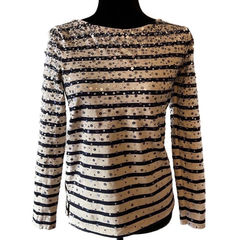 J.Crew Cream and Dark Blue Striped Confetti Sequin T-Shirt Size Small